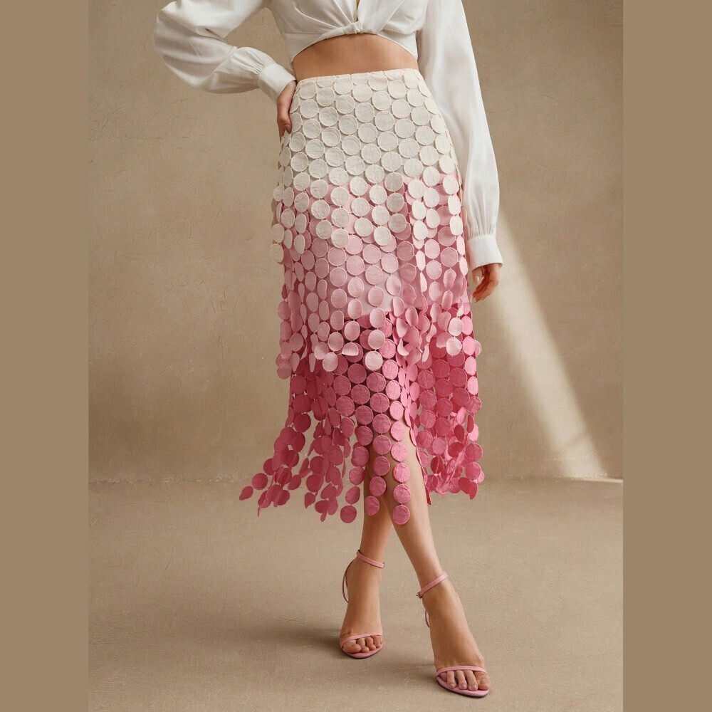 Pink Tiered Ombre Circle Cutouts Fringe Midi Skirt